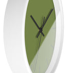 White Wooden Base Black Hand Olive Green Modern Minimal Silent Wall Clock With Dark Grey Time Markers Side