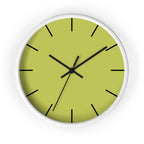 White Wooden Base Black Hand Orchid Lime Green Modern Minimal Silent Wall Clock With Black Time Markers Front