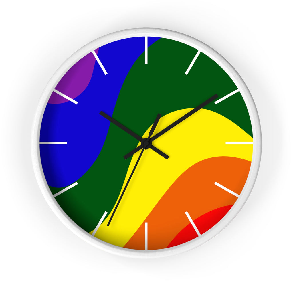 White Wooden Base Black Hand Pride Rainbow Wave Modern Minimal Silent Wall Clock With White Time Markers Front