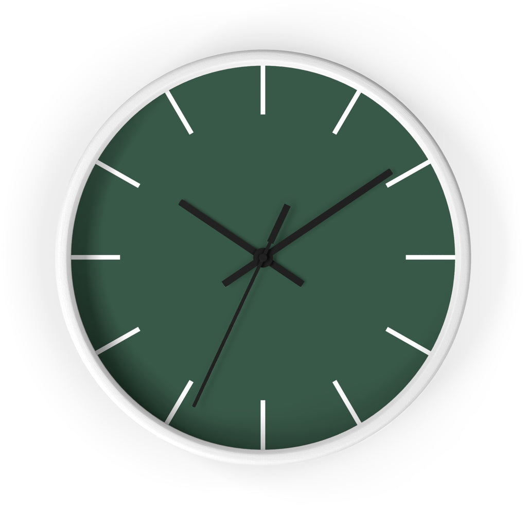 White Wooden Base Black Hand Stromboli Dark Green Modern Minimal Silent Wall Clock With White Time Markers Front