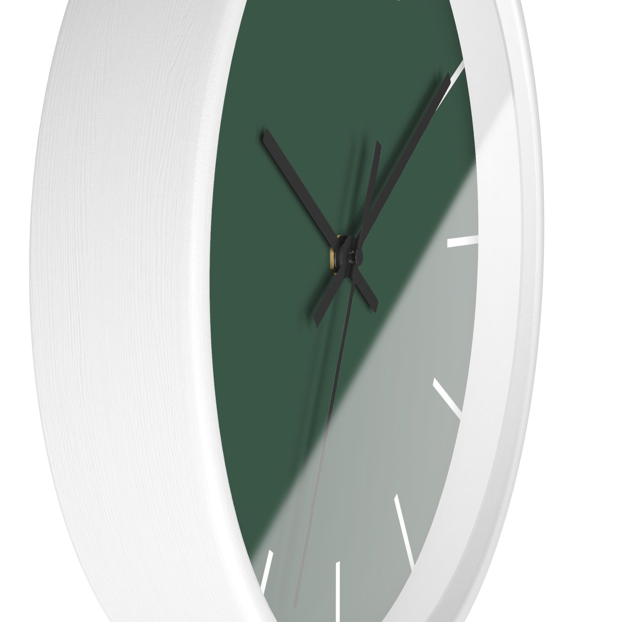 White Wooden Base Black Hand Stromboli Dark Green Modern Minimal Silent Wall Clock With White Time Markers Side