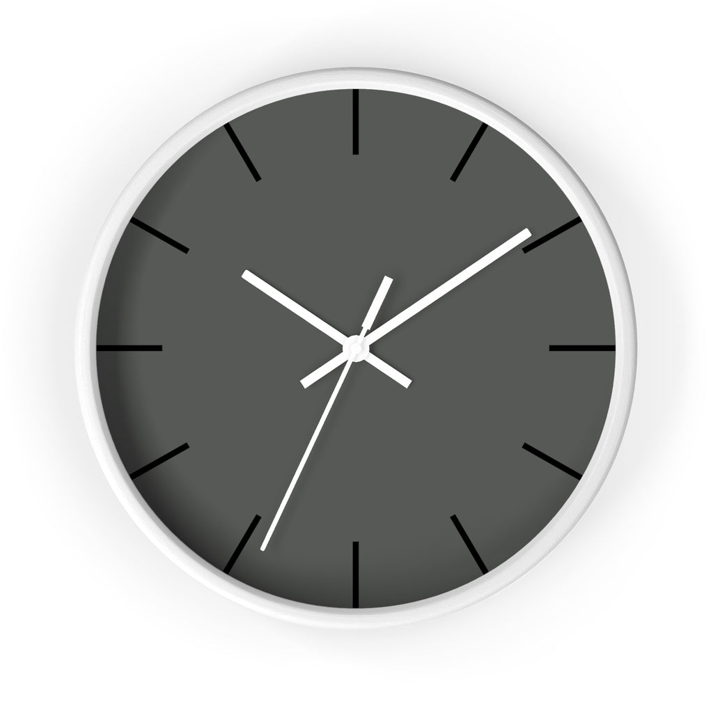 White Wooden Base White Hand Atomic Grey Modern Minimalist Silent Wall Clock With Black Time Markers Front
