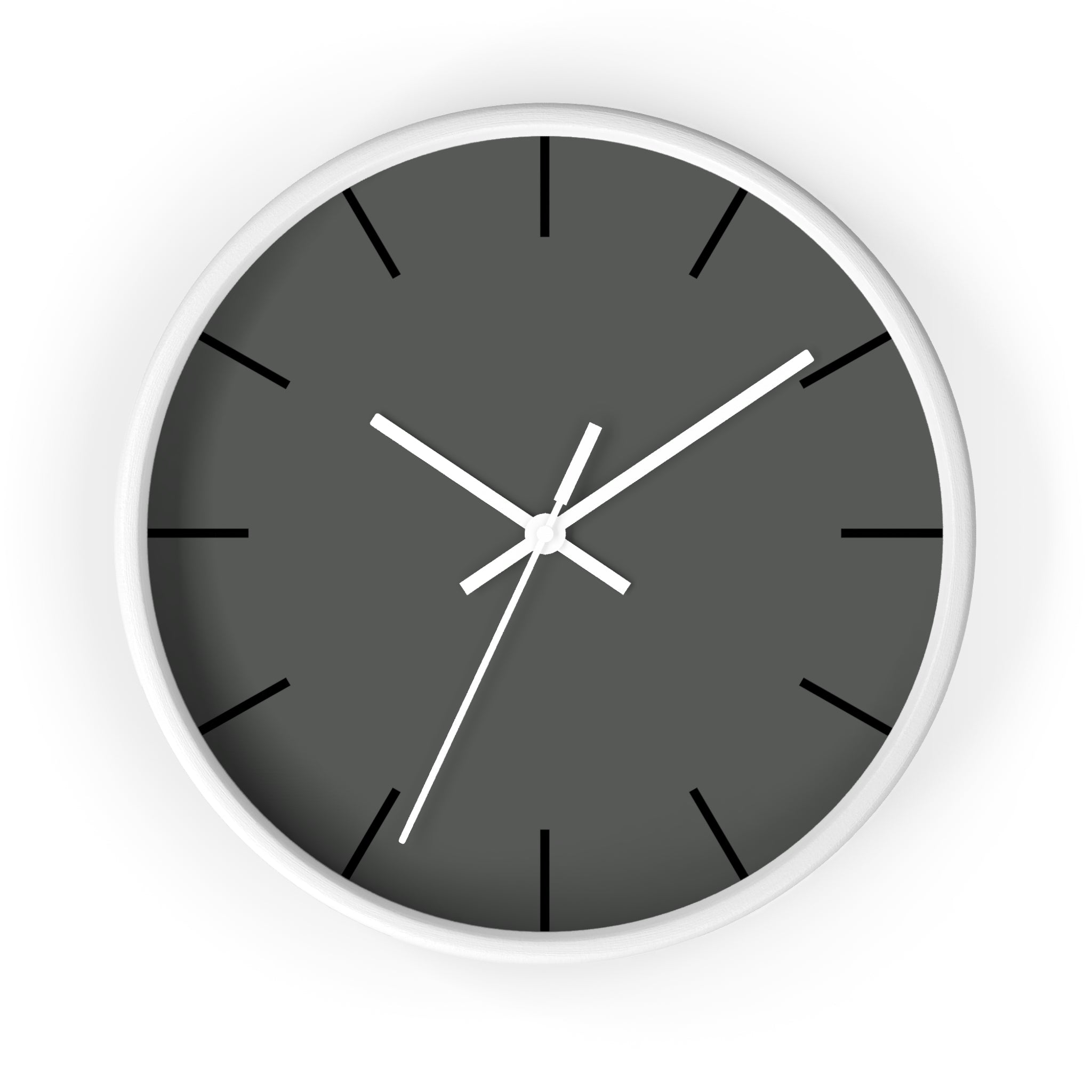 White Wooden Base White Hand Atomic Grey Modern Minimalist Silent Wall Clock With Black Time Markers Front