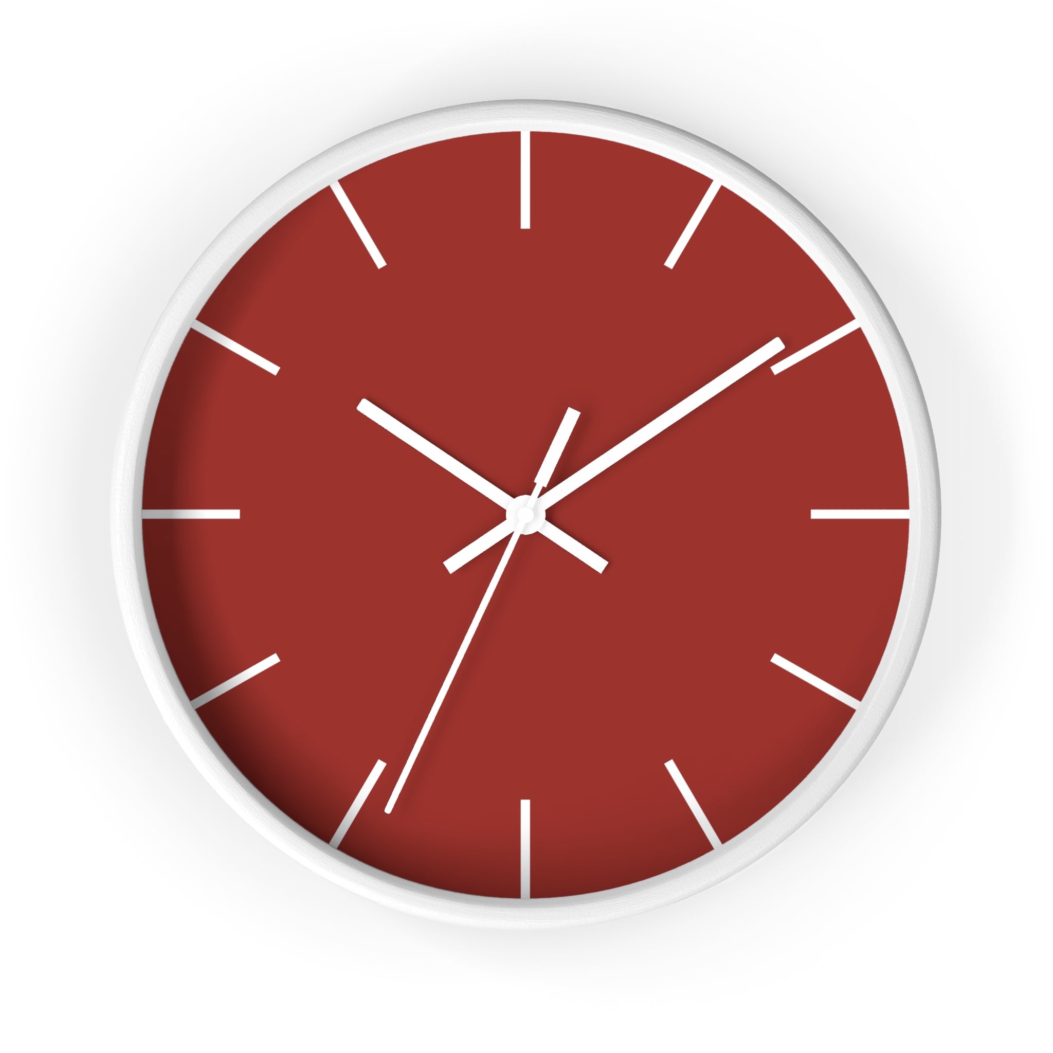 White Wooden Base White Hand Brownish Red Modern Minimal Silent Wall Clock With White Time Markers Front