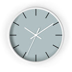 White Wooden Base White Hand Cool Silver Blue Modern Minimalist Silent Wall Clock With Black Time Markers Front