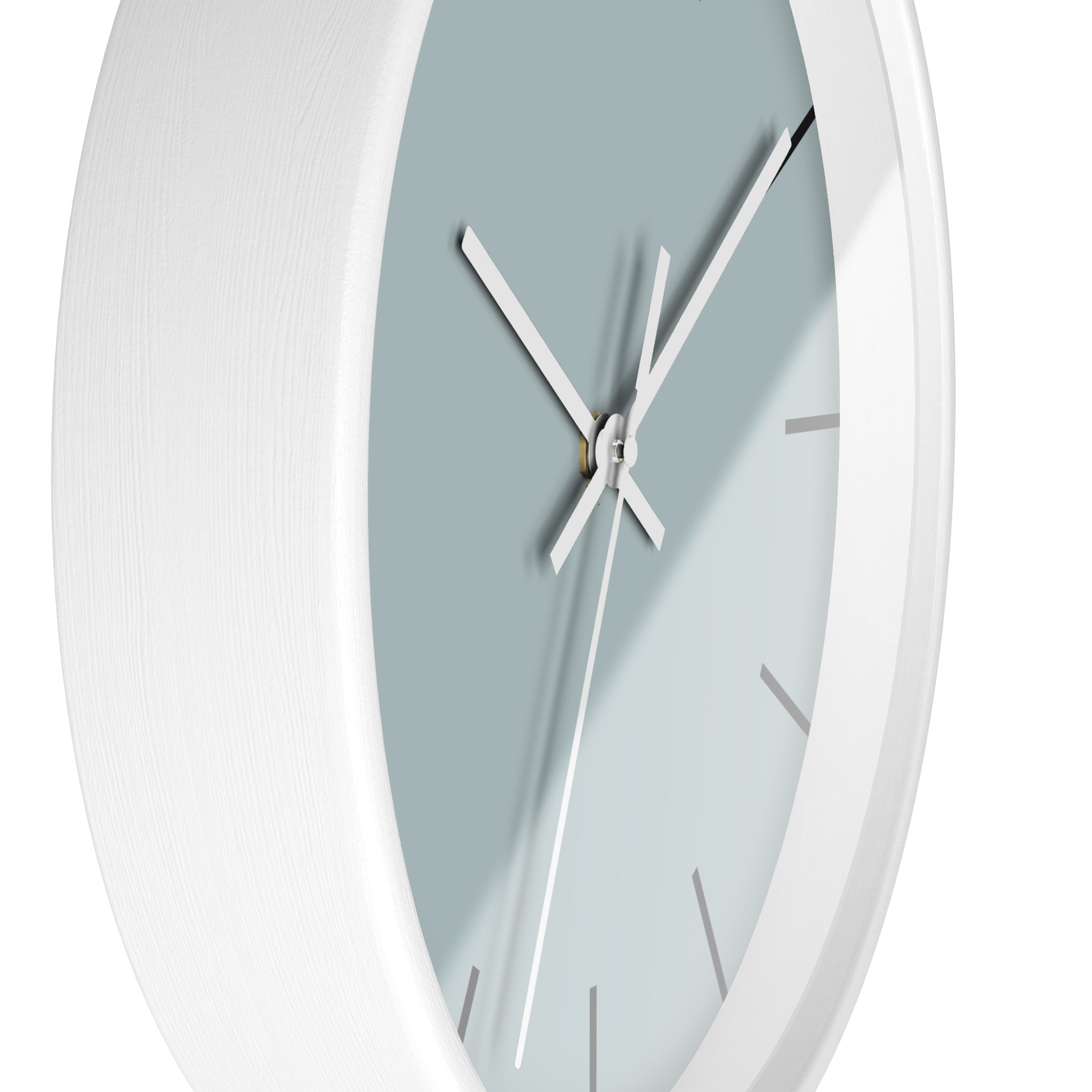 White Wooden Base White Hand Cool Silver Blue Modern Minimalist Silent Wall Clock With Black Time Markers Side