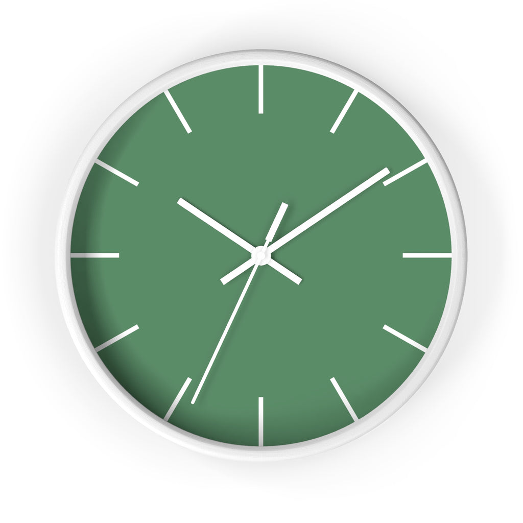 White Wooden Base White Hand Dust Green Modern Minimal Wall Clock With  White Time Markers Front