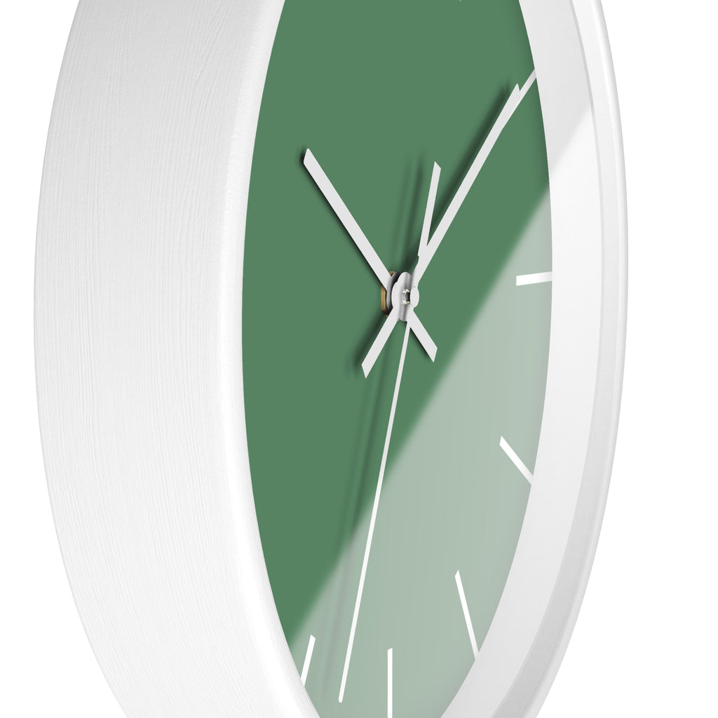 White Wooden Base White Hand Dust Green Modern Minimal Wall Clock With White Time Markers Side