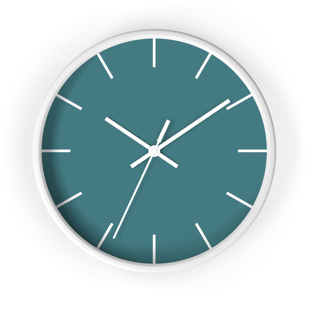 White Wooden Base White Hand Modern Minimal Bismark Teal Silent Wall Clock With White Time Markers Front