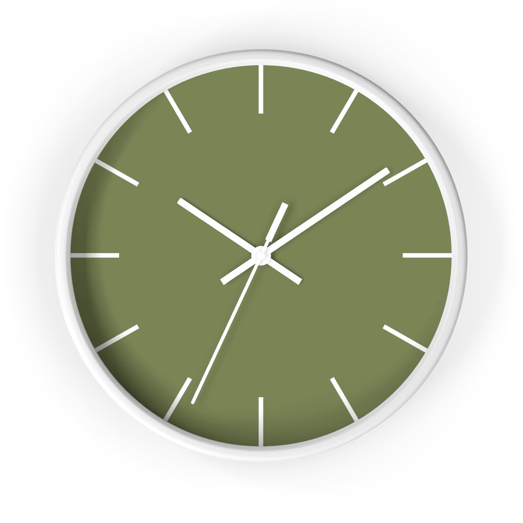White Wooden Base White Hand Modern Minimal Dark Sage Olive Green Quiet Wall Clock With White Time Markers Front
