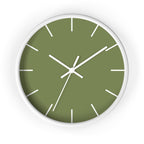 White Wooden Base White Hand Modern Minimal Dark Sage Olive Green Quiet Wall Clock With White Time Markers Front