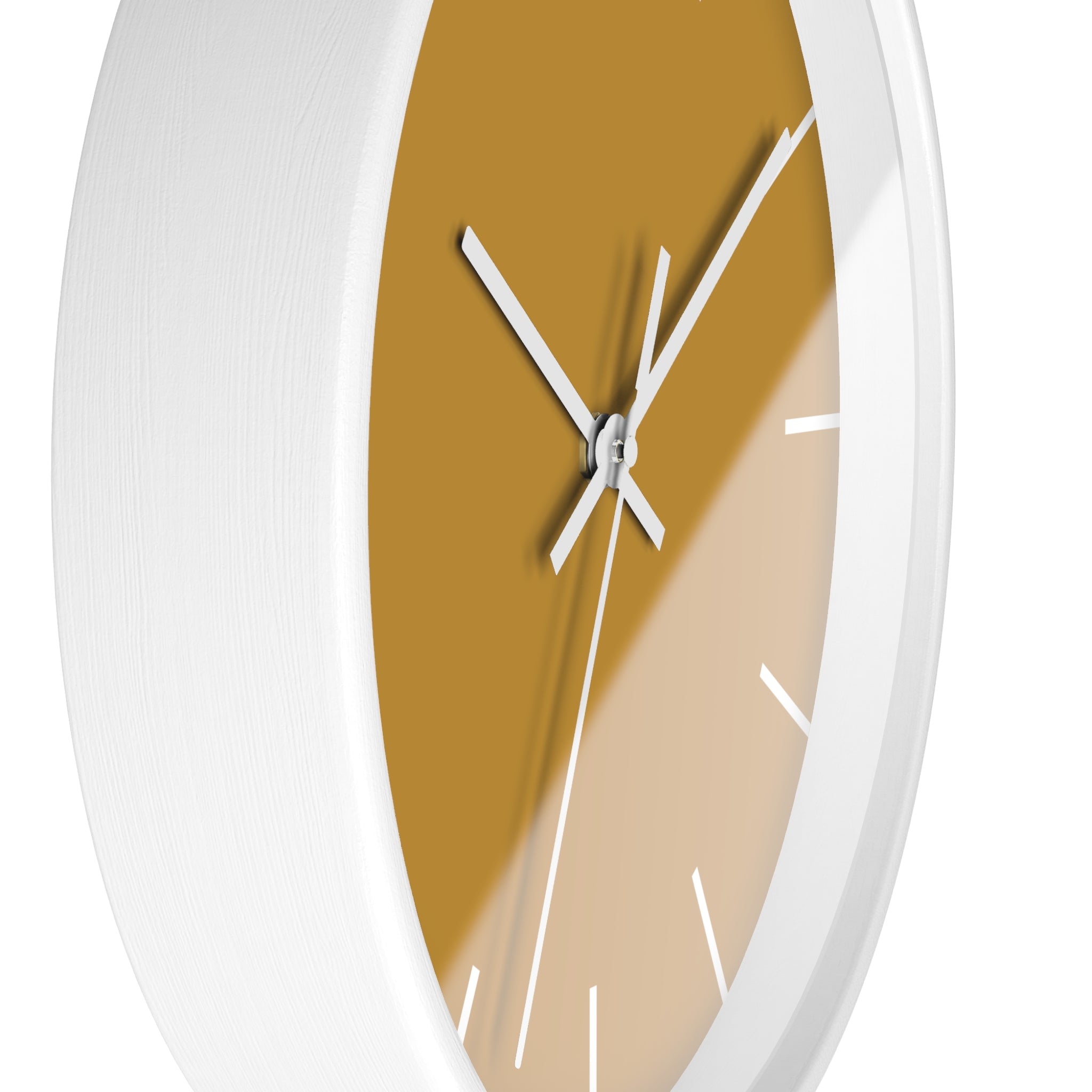 White Wooden Base White Hand Modern Minimal Gold Ochre Mustard Silent Wall Clock With White Time Markers Side