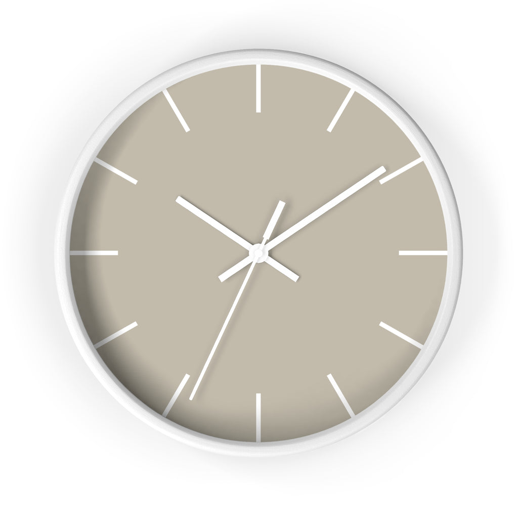 White Wooden Base White Hand Modern Minimal Ivory Grey Beige Silent Wall Clock With White Time Markers Front