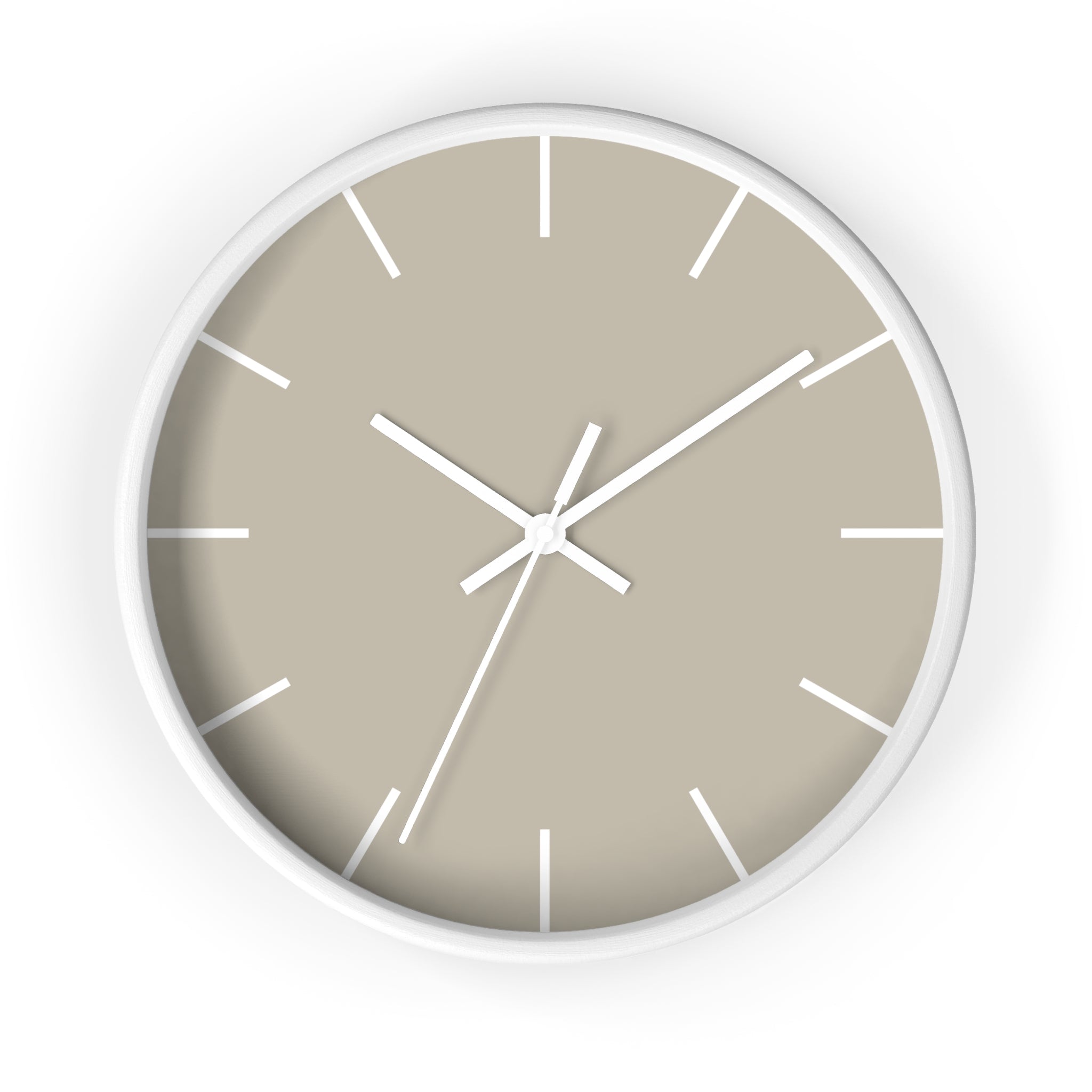 White Wooden Base White Hand Modern Minimal Ivory Grey Beige Silent Wall Clock With White Time Markers Front