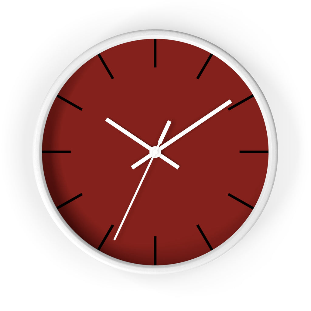 White Wooden Base White Hand Modern Minimal Maroon Bloodstone Red Silent Wall Clock With Black Time Markers Front