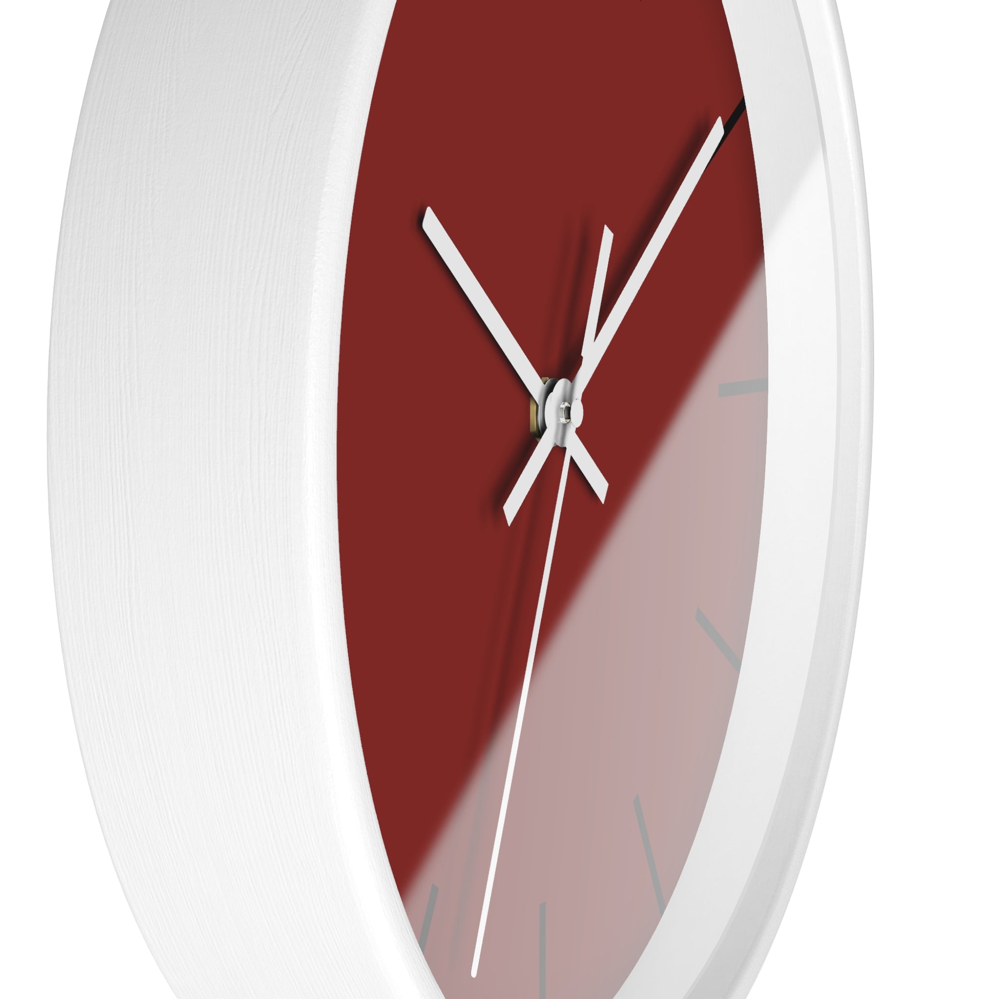 White Wooden Base White Hand Modern Minimal Maroon Bloodstone Red Silent Wall Clock With Black Time Markers Side