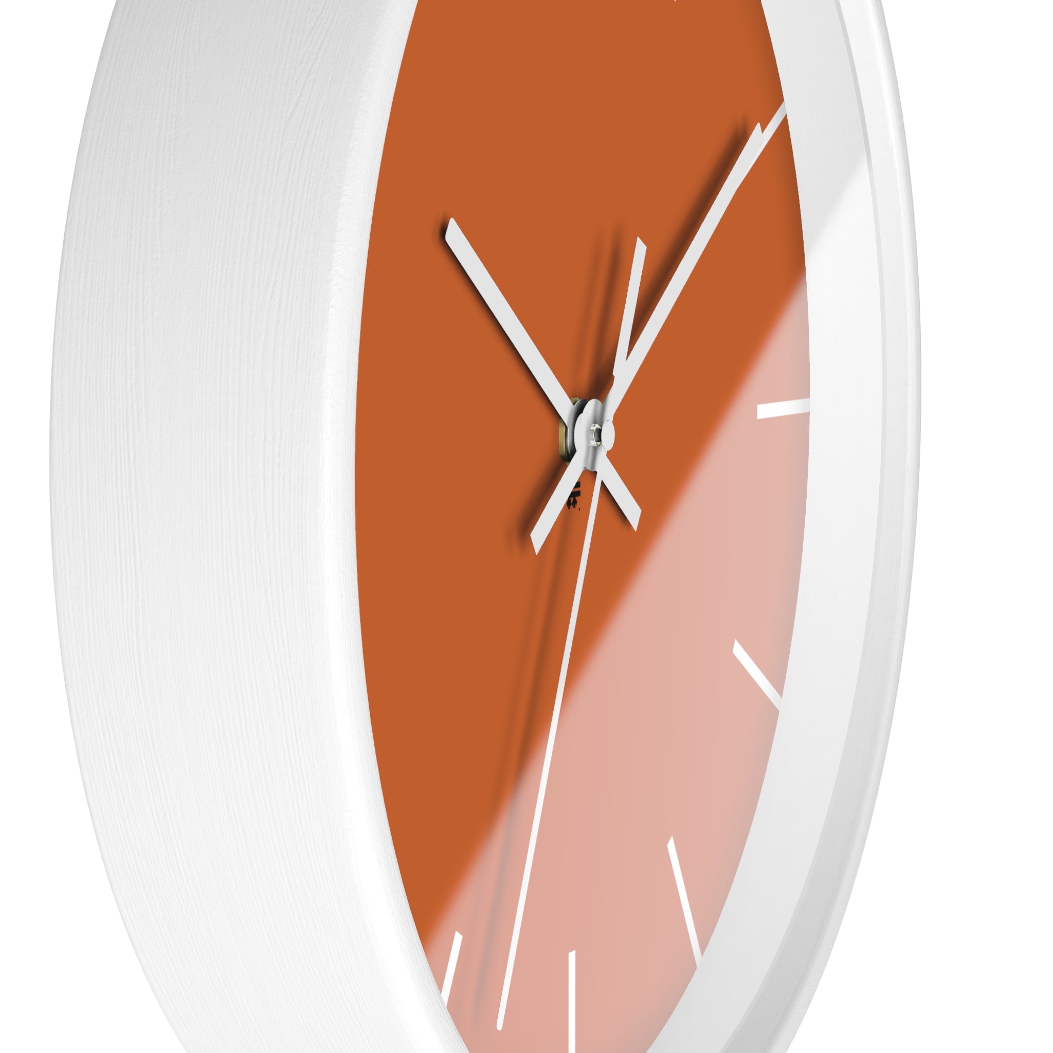 White Wooden Base White Hand Modern Minimal Roman Earth Rust Orange Wall Clock With White Time Markers Side 