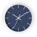White Wooden Base White Hand Modern Minimal Rugged Blue Navy Silent Wall Clock With White Time Markers Front