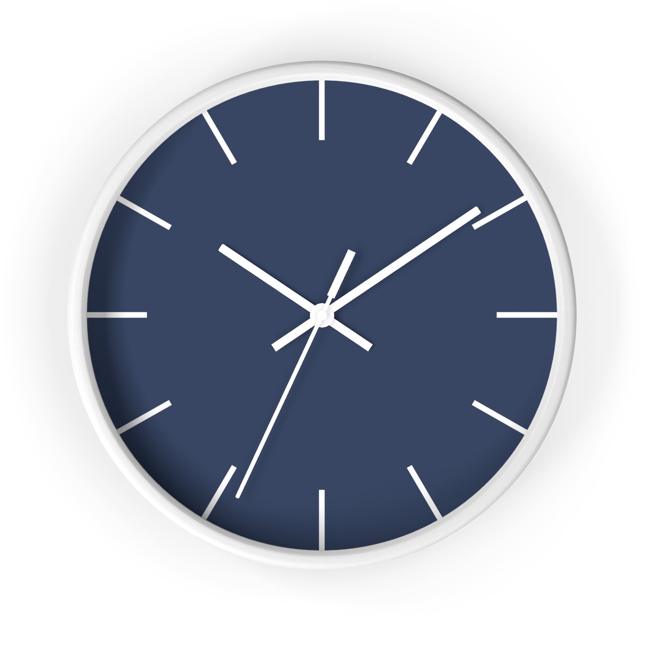White Wooden Base White Hand Modern Minimal Rugged Blue Navy Silent Wall Clock With White Time Markers Front