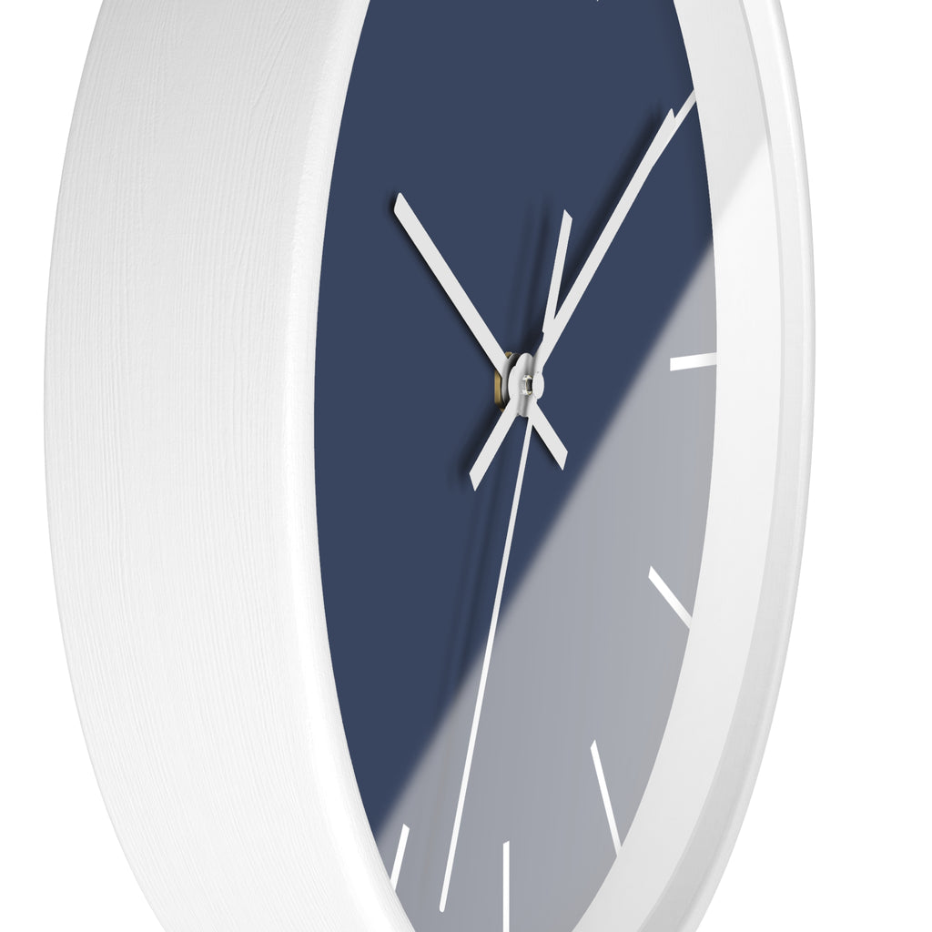 White Wooden Base White Hand Modern Minimal Rugged Blue Navy Silent Wall Clock With White Time Markers Side