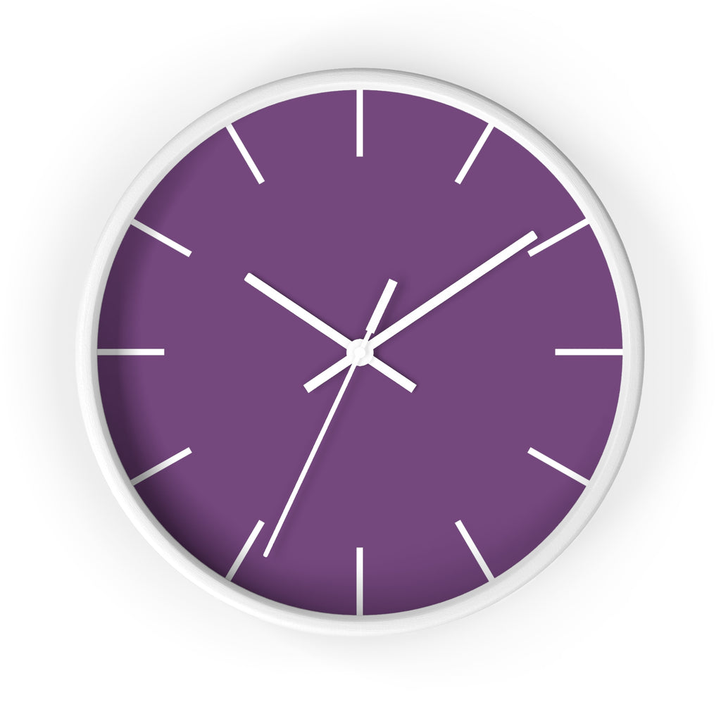 White Wooden Base White Hand Modern Minimal Silent Purple Wall Clock With White Time Markers Front