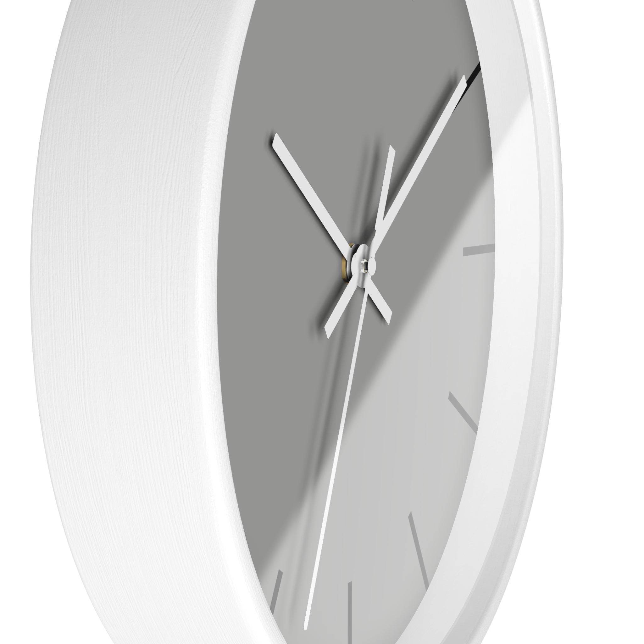 White Wooden Base White Hand Modern Minimal Stardust Grey Silent Wall Clock With Black Time Markers Side