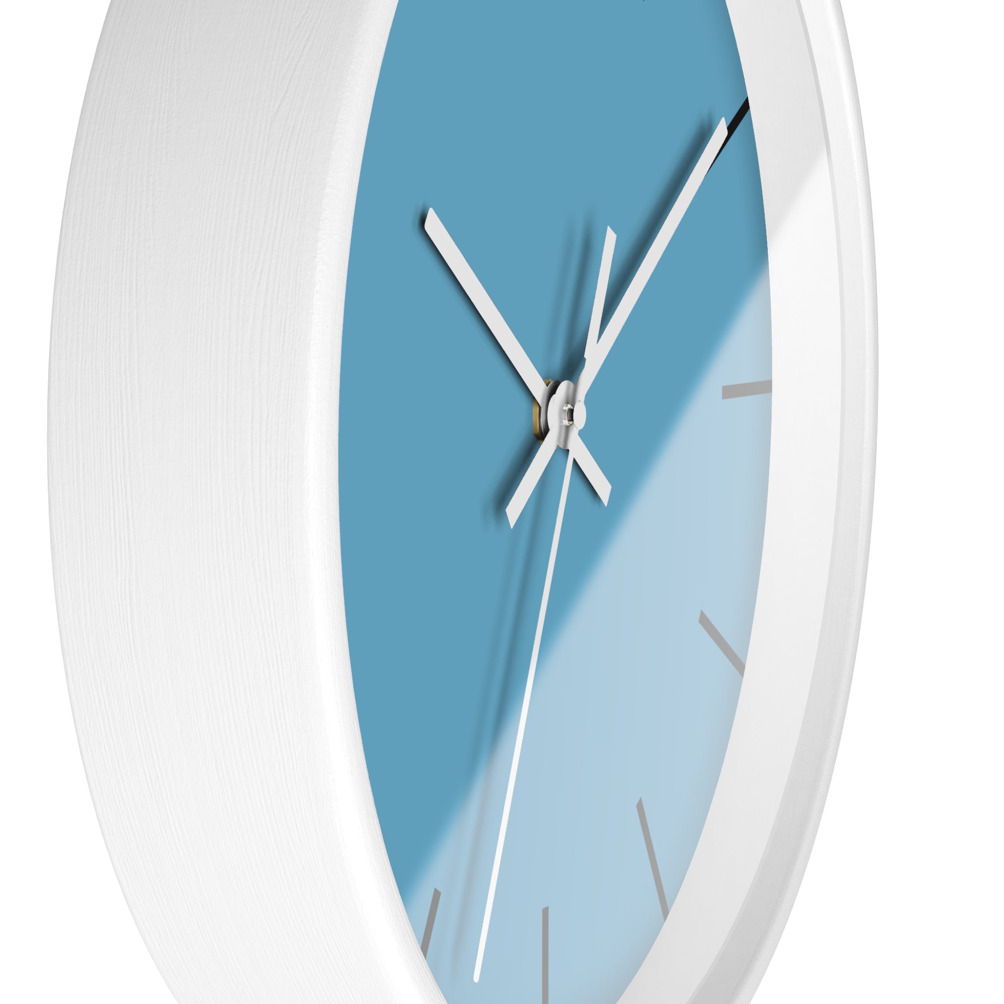 White Wooden Base White Hand Modern Minimal Vintage Blue Wall Clock With Dark Grey Time Markers Side