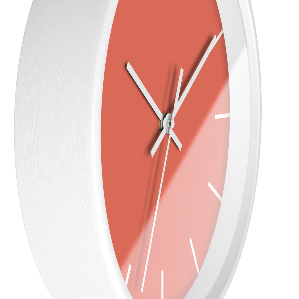 White Wooden Base White Hand Modern Minimalist Coral Salmon Red Wall Clock With White Time Markers Side