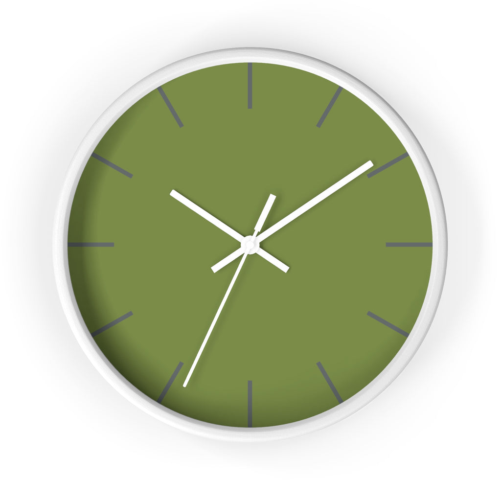 White Wooden Base White Hand Olive Green Modern Minimal Silent Wall Clock With Dark Grey Time Markers Front