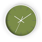 White Wooden Base White Hand Olive Green Modern Minimal Silent Wall Clock With Dark Grey Time Markers Front