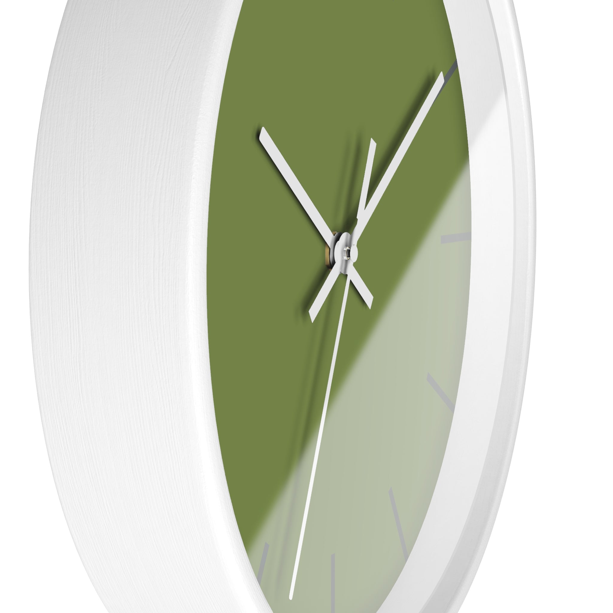 White Wooden Base White Hand Olive Green Modern Minimal Silent Wall Clock With Dark Grey Time Markers Side