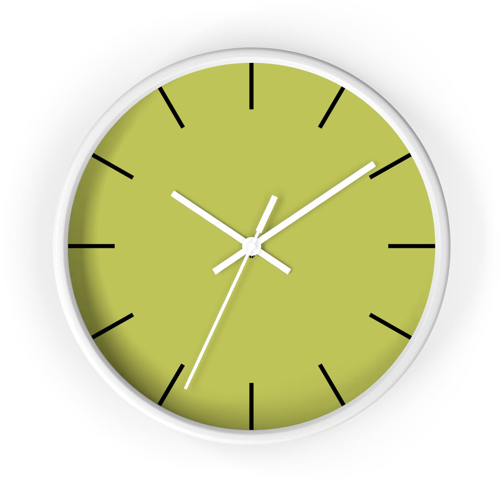 White Wooden Base White Hand Orchid Lime Green Modern Minimal Silent Wall Clock With Black Time Markers Front