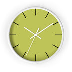 White Wooden Base White Hand Orchid Lime Green Modern Minimal Silent Wall Clock With Black Time Markers Front