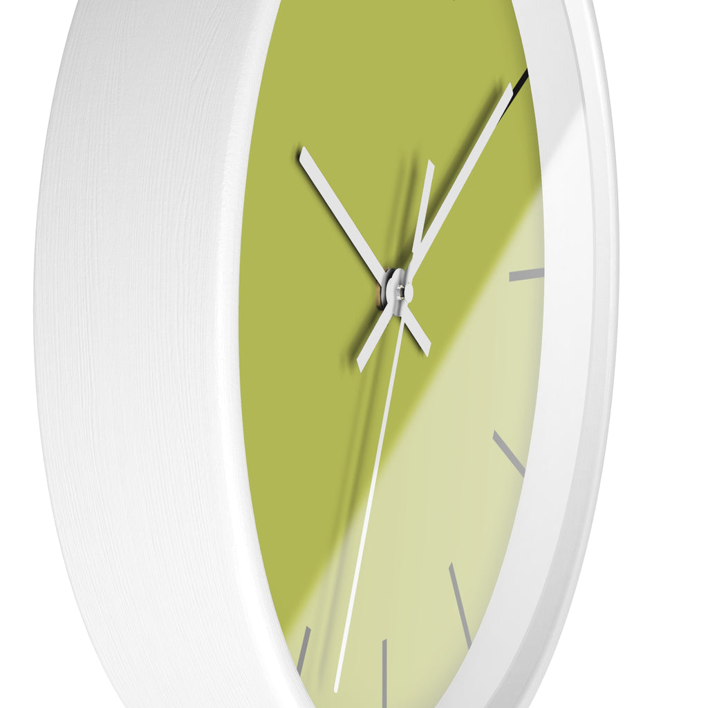 White Wooden Base White Hand Orchid Lime Green Modern Minimal Silent Wall Clock With Black Time Markers Side