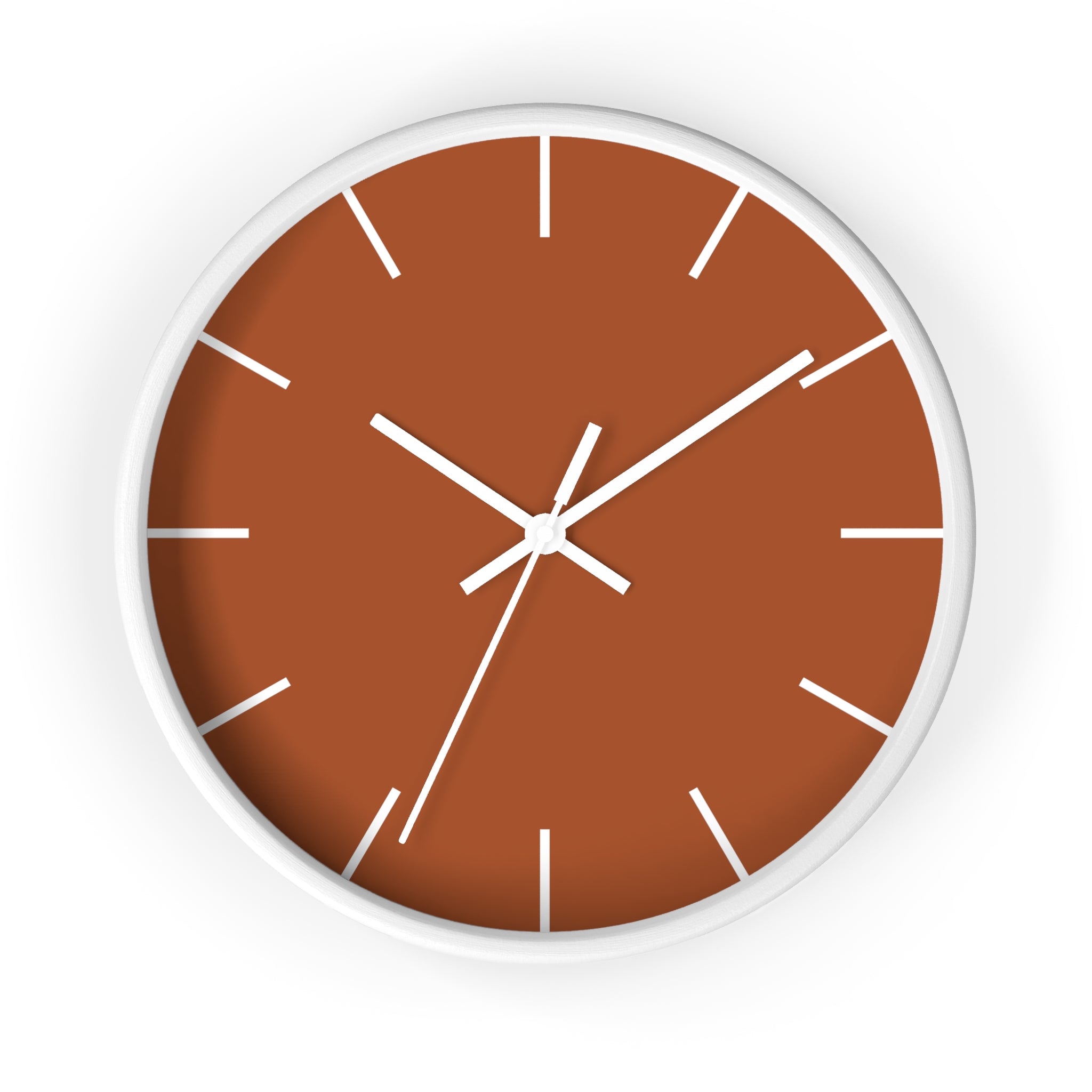 White Wooden Base White Hand Paarl Terracotta Modern Minimal Silent Wall Clock With White Time Markers Front