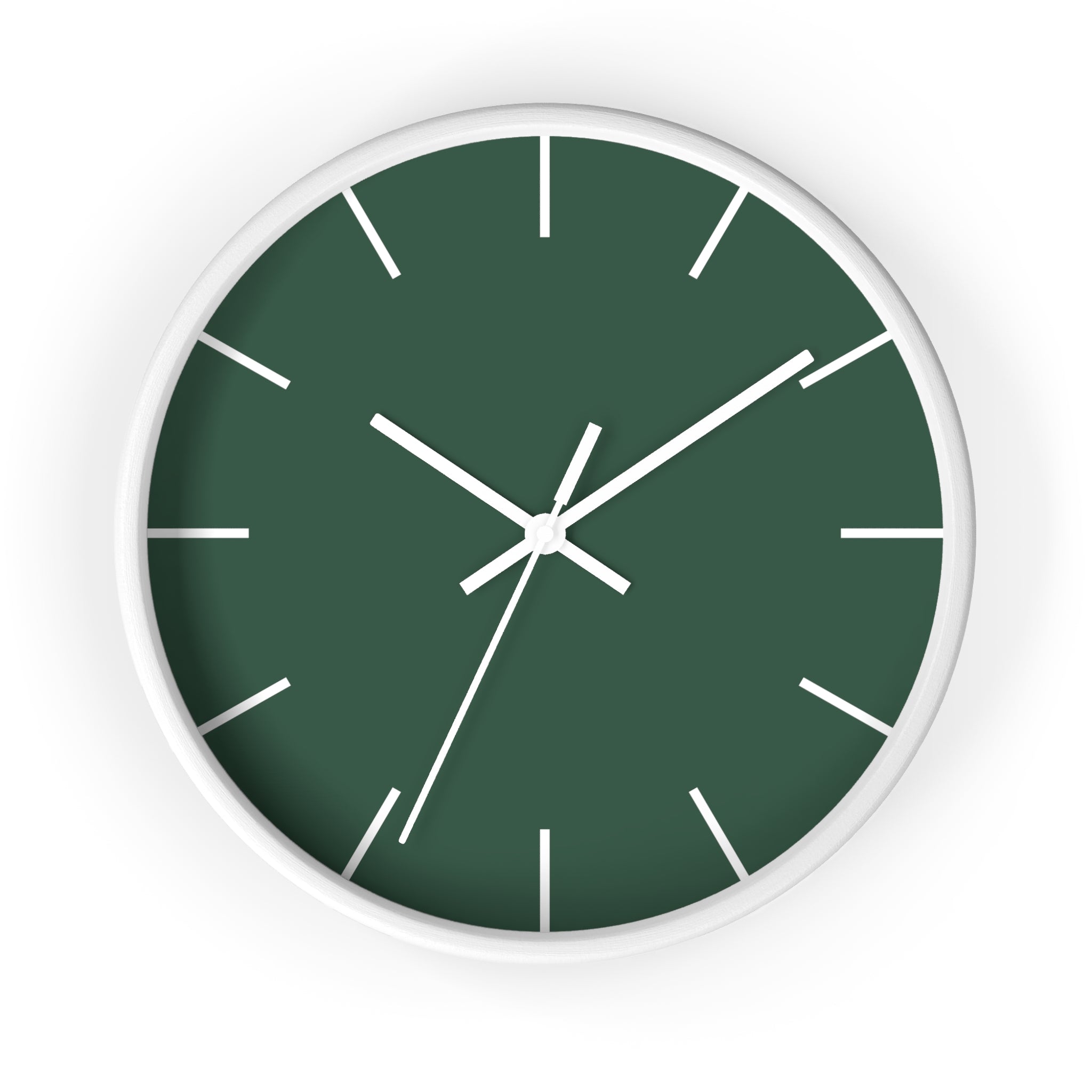 White Wooden Base White Hand Stromboli Dark Green Modern Minimal Silent Wall Clock With White Time Markers Front