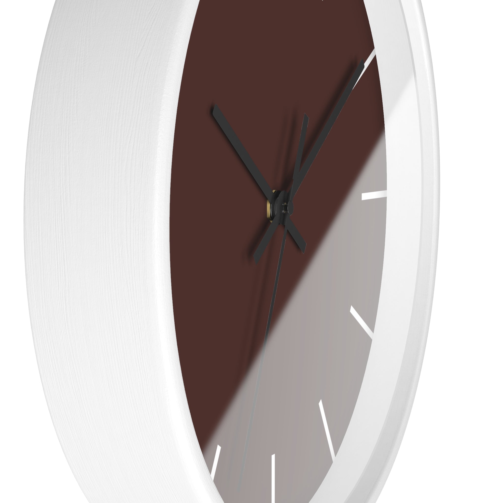 White Wooden Frame Black Hand Saddle Brown Modern Minimal Wall Clock With White Time Markers Side