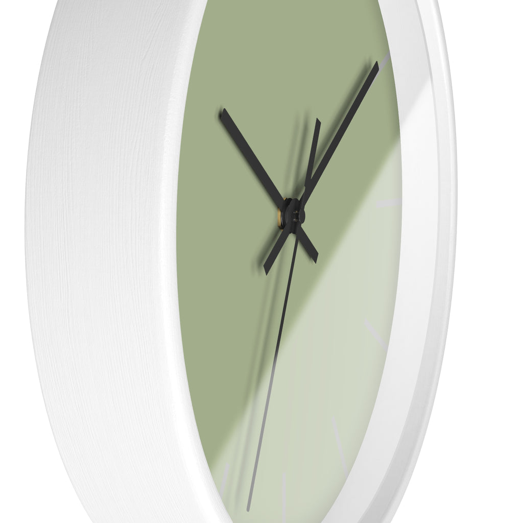 White Wooden Frame Black Hand Schist Green Sage Modern Minimal Wall Clock With Light Grey Time Markers Side