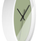 White Wooden Frame Black Hand Schist Green Sage Modern Minimal Wall Clock With Light Grey Time Markers Side