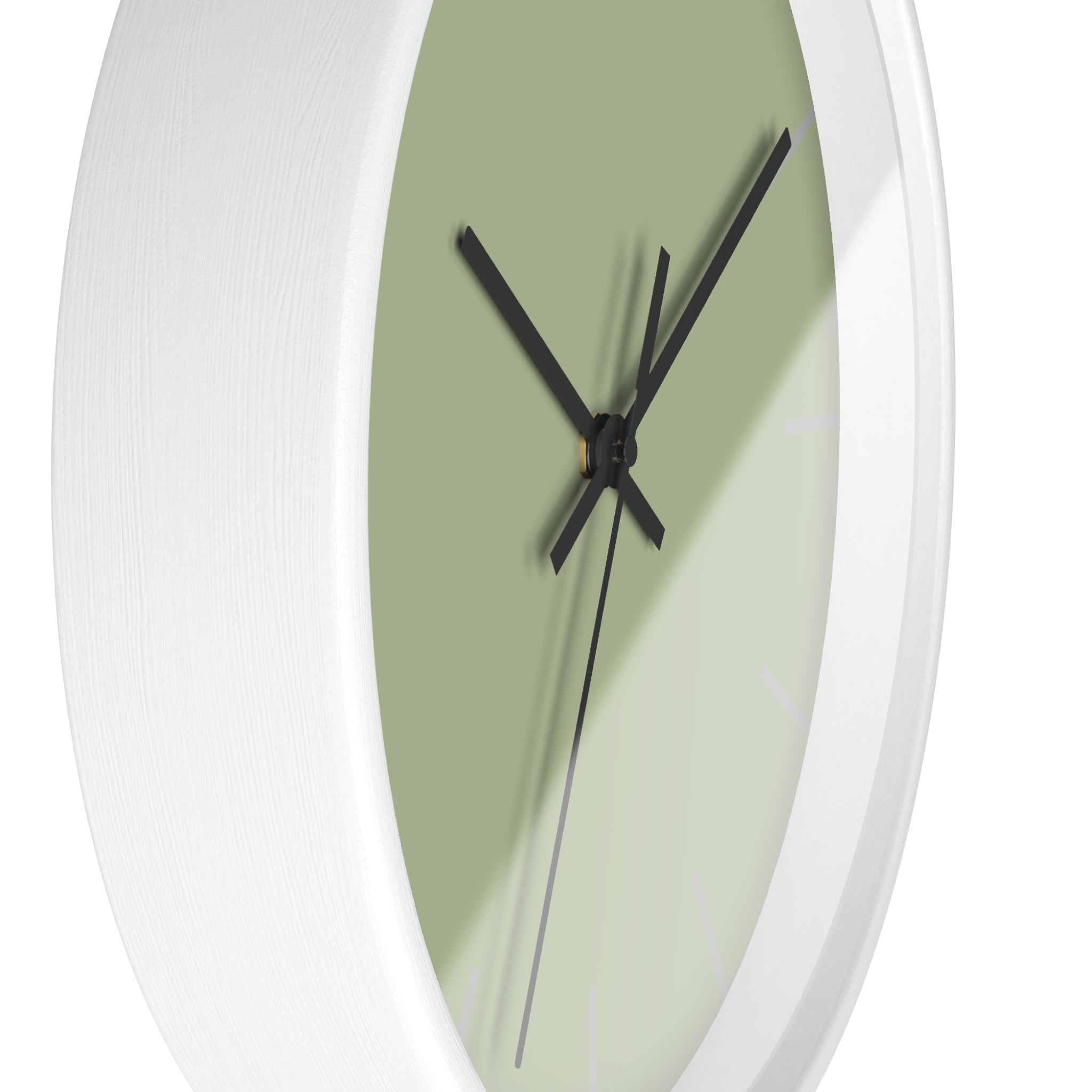 White Wooden Frame Black Hand Schist Green Sage Modern Minimal Wall Clock With Light Grey Time Markers Side
