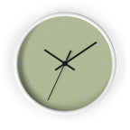 White Wooden Frame Black Hand Schist Green Sage Modern Minimal Wall Clock With Light Grey Time Markers Front
