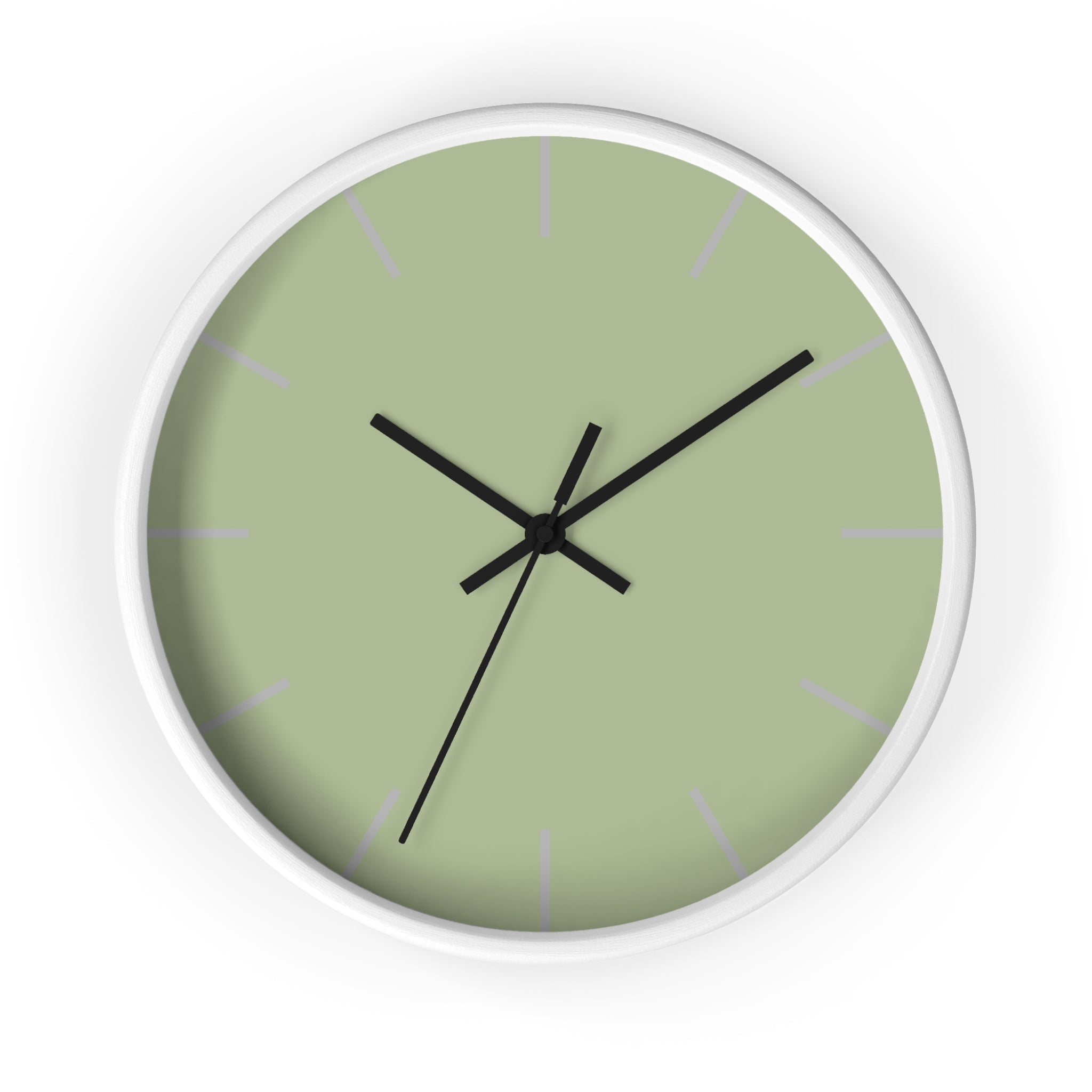 White Wooden Frame Black Hand Schist Green Sage Modern Minimal Wall Clock With Light Grey Time Markers Front