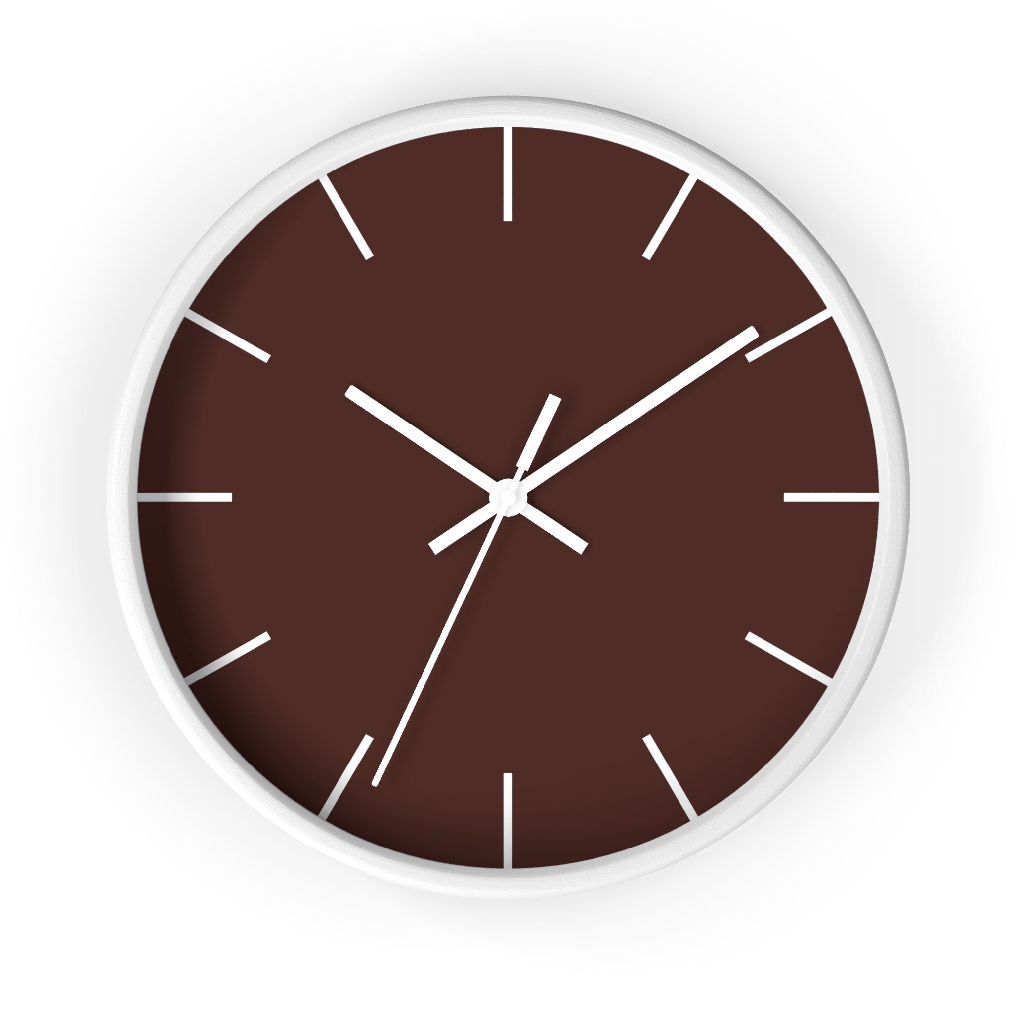 White Wooden Frame White Hand Saddle Brown Modern Minimal Wall Clock With White Time Markers Front