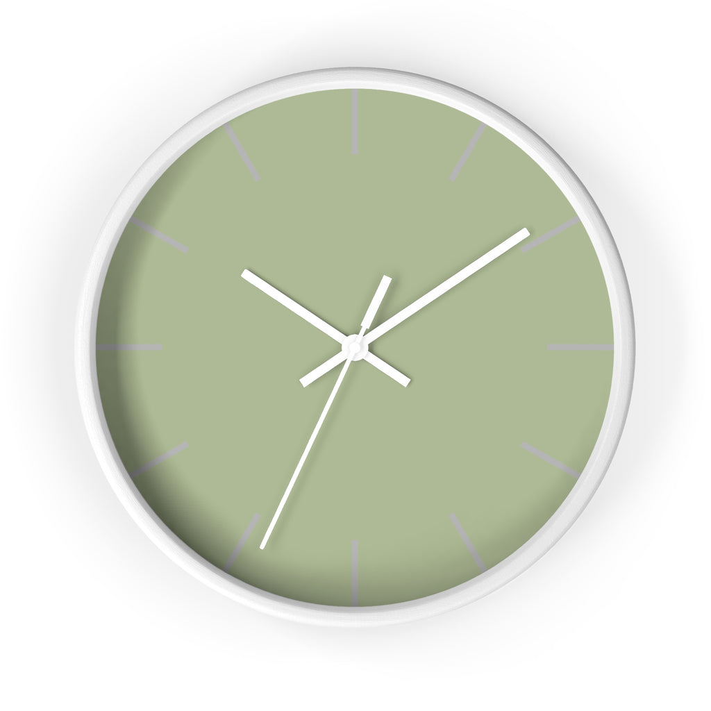 White Wooden Frame White Hand Schist Green Sage Modern Minimal Wall Clock With Light Grey Time Markers Front