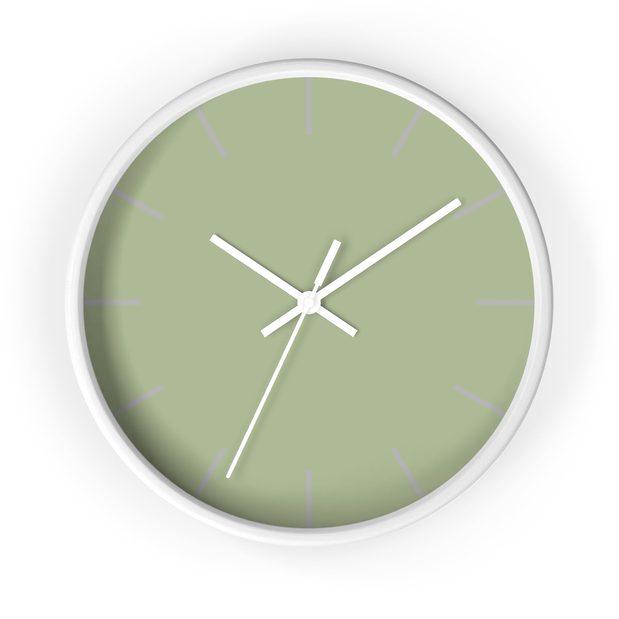 White Wooden Frame White Hand Schist Green Sage Modern Minimal Wall Clock With Light Grey Time Markers Front