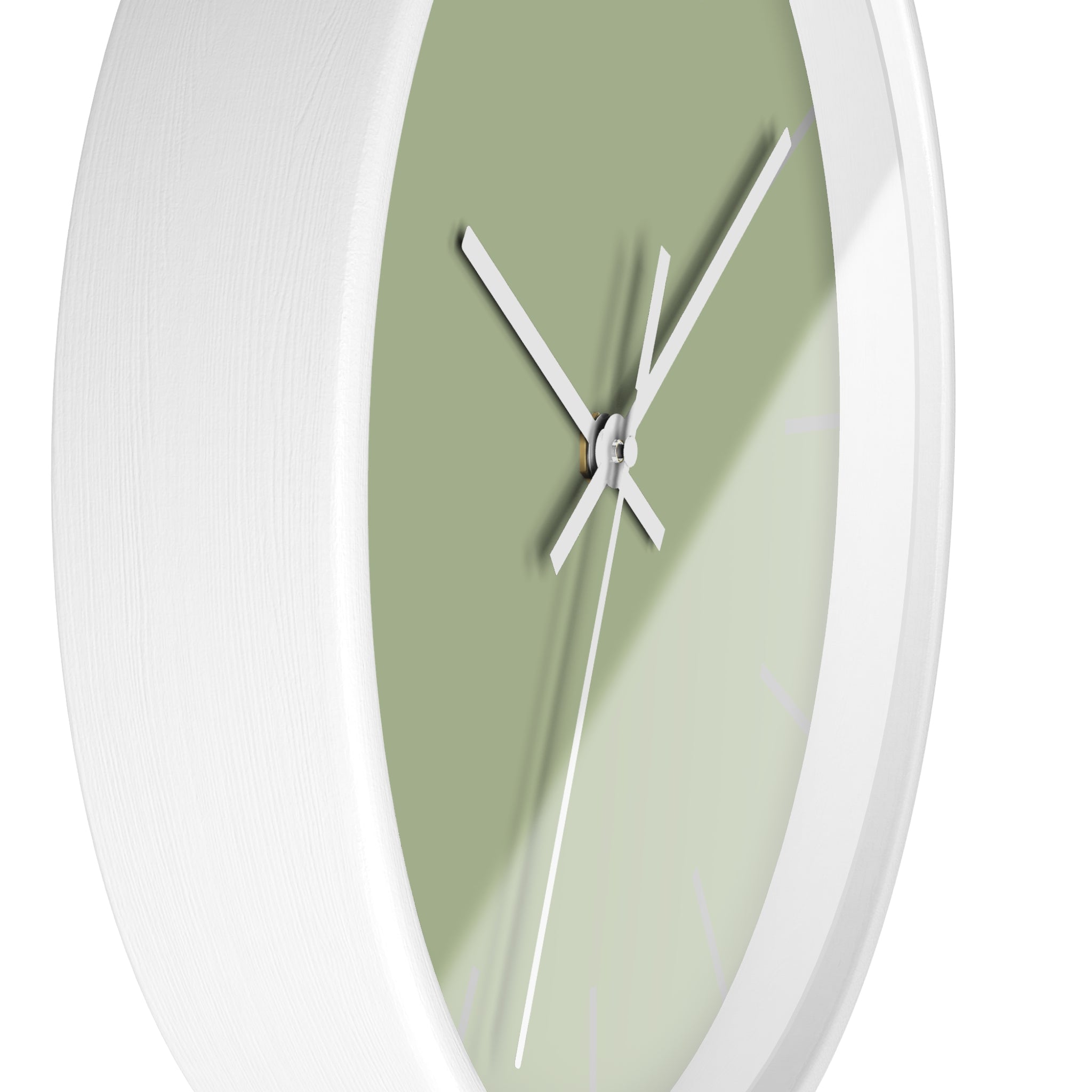 White Wooden Frame White Hand Schist Green Sage Modern Minimal Wall Clock With Light Grey Time Markers Side