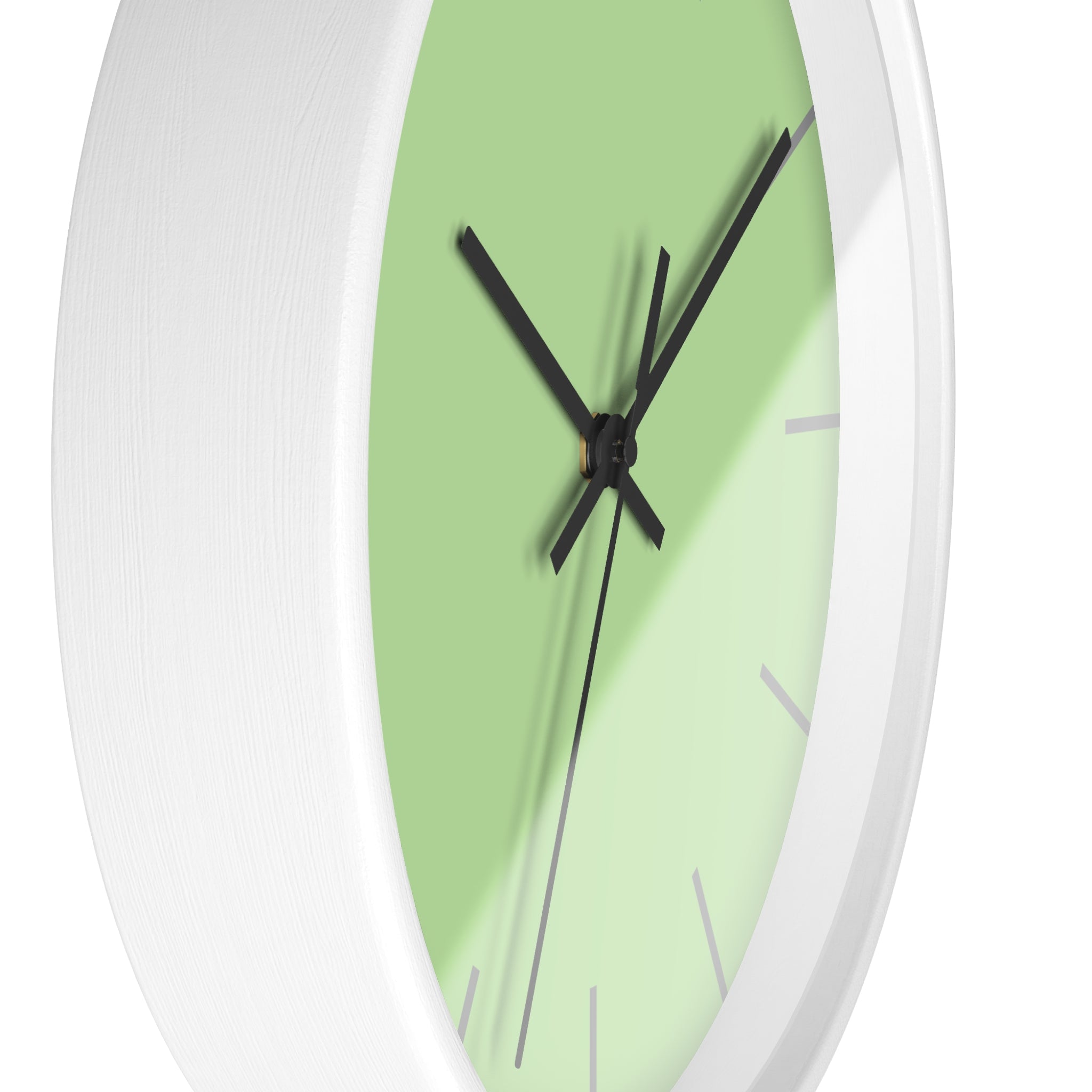White Wooden Base Black Hand Modern Minimal Fresh Green Mint Quiet Wall Clock With Light Grey Time Markers Side