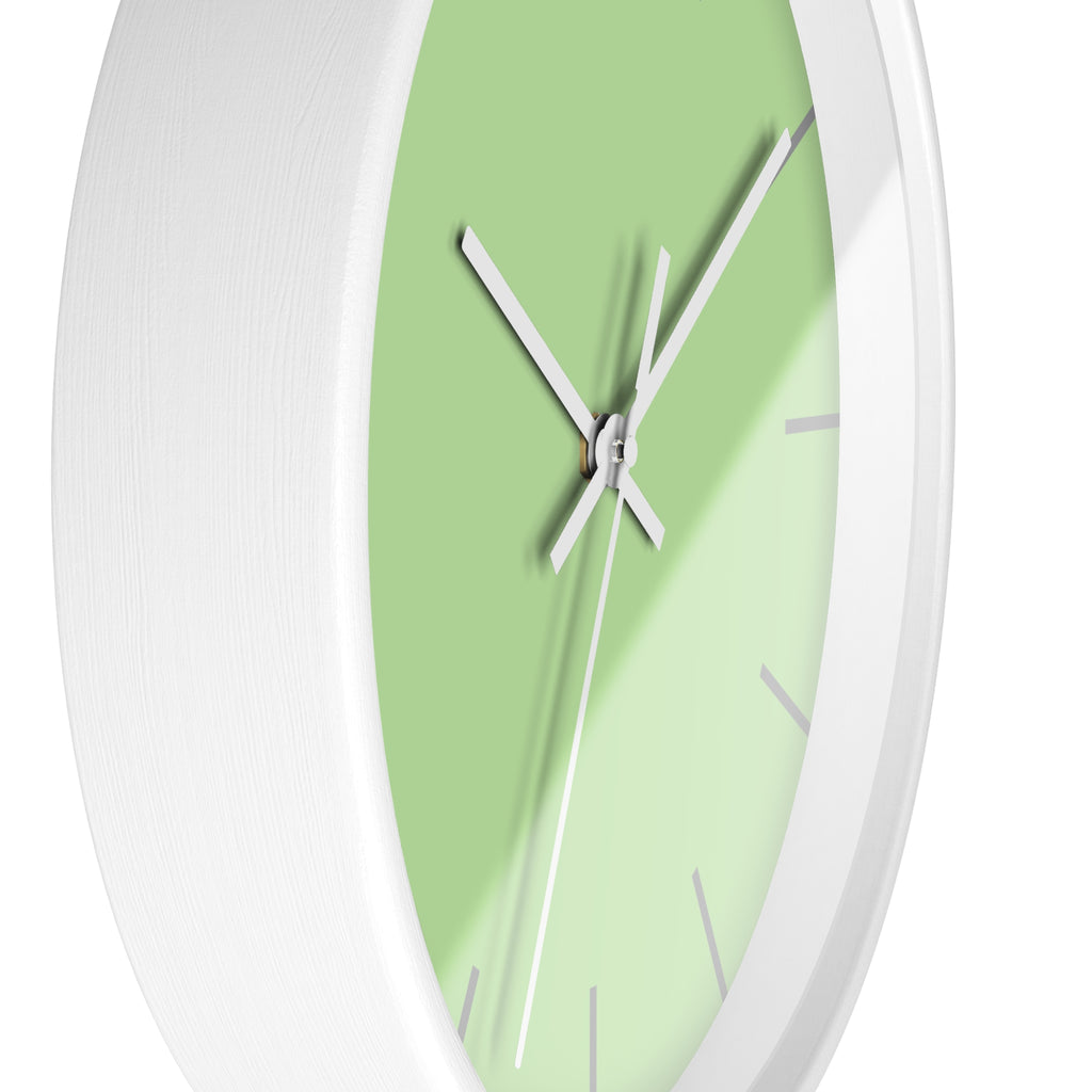White Wooden Base White Hand Modern Minimal Fresh Green Mint Quiet Wall Clock With Light Grey Time Markers Side