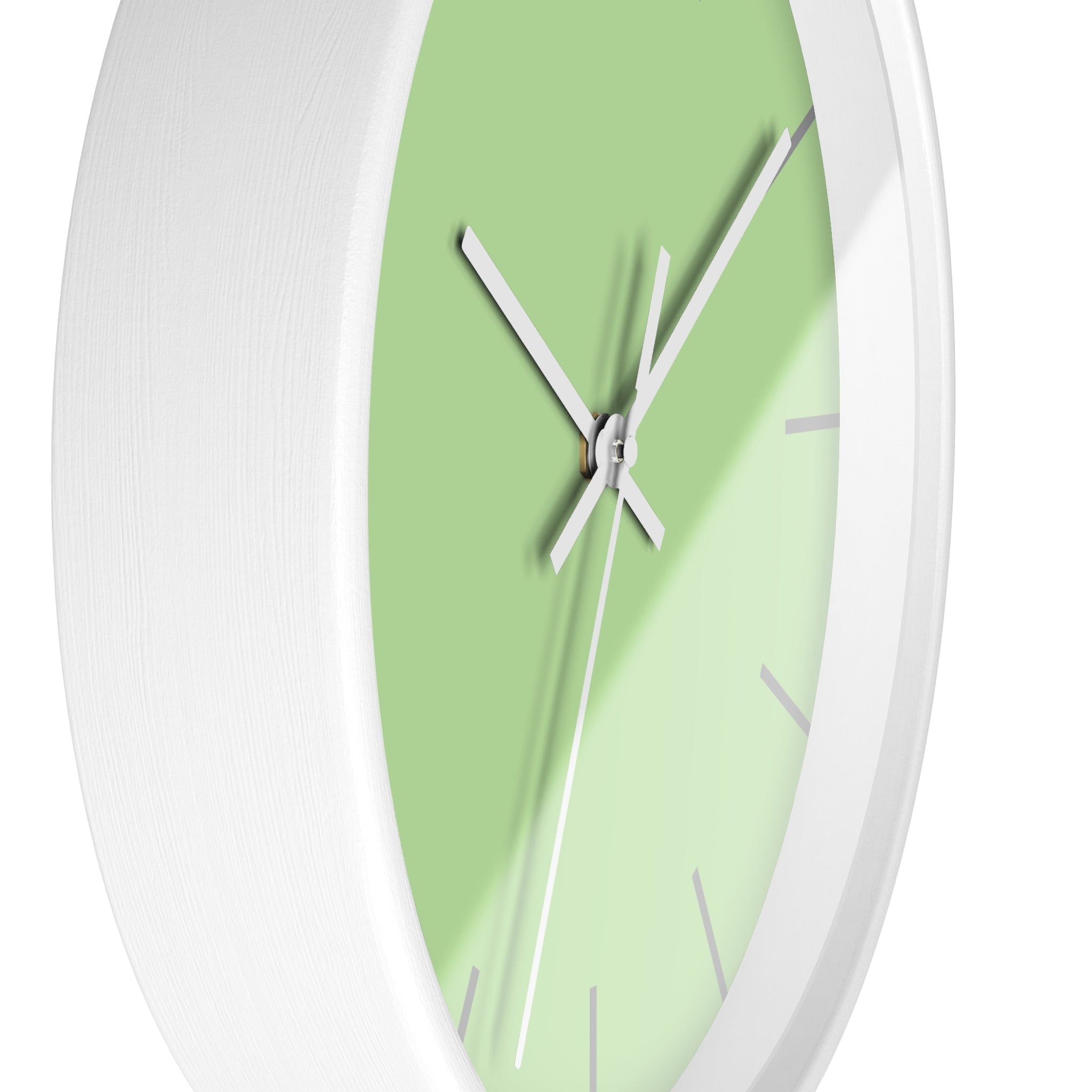 White Wooden Base White Hand Modern Minimal Fresh Green Mint Quiet Wall Clock With Light Grey Time Markers Side