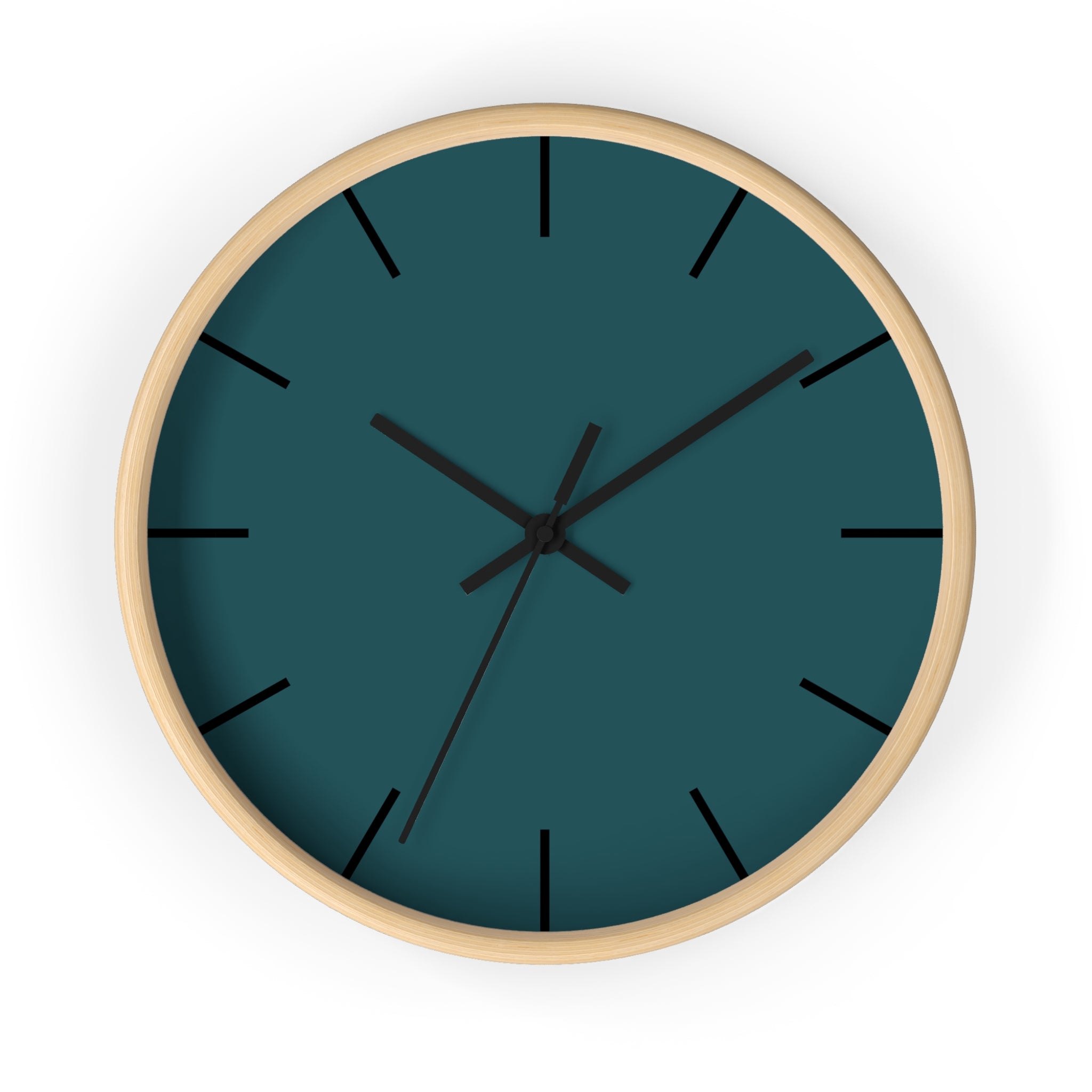 Wooden Base Black Hand Abstract Teal Modern Minimal Silent Wall Clock With Black Time Markers Front